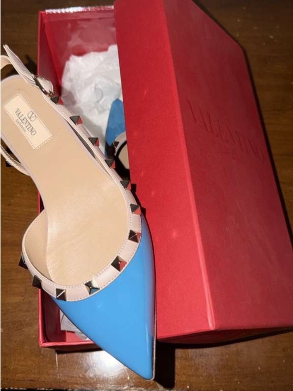 Valentino Garavani Blue Patent Rockstud Pointed Slingback SIZE 37.5 NWT